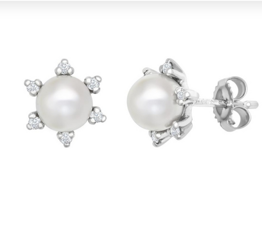 9ct White Gold Diamond 0.12cts and 5.5-6.0mm Cultured Pearl Stud Earrings (E209)
