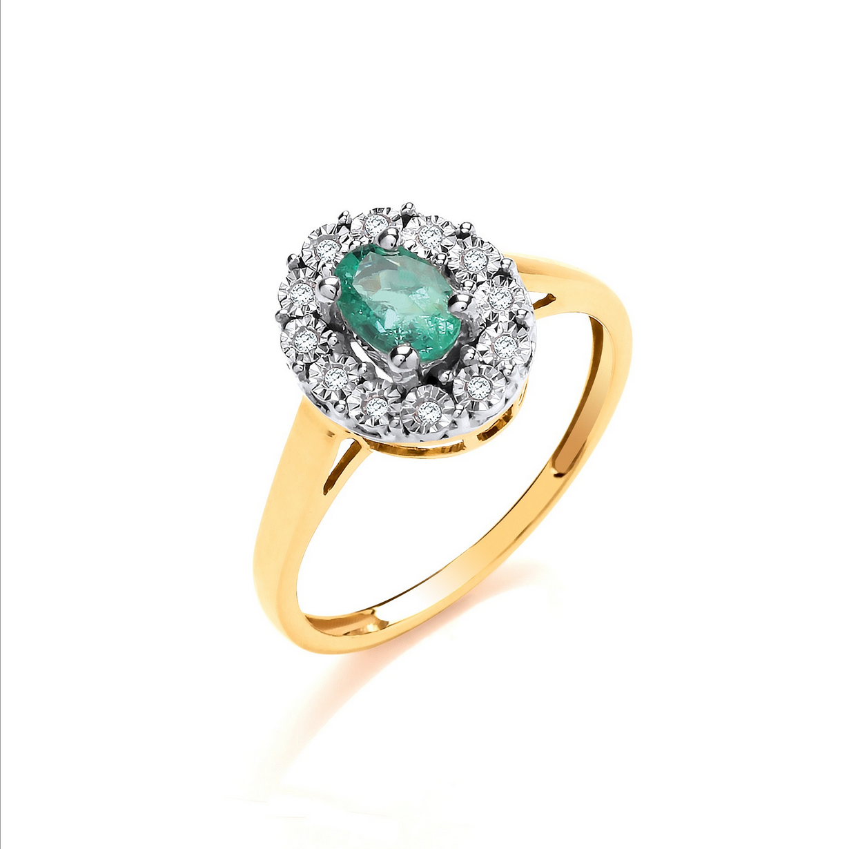 9ct Yellow Gold 0.40ct Emerald Cluster & 0.05ct Diamond Ring, Sizes J to Q (980)
