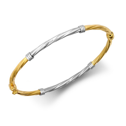9ct Yellow and White Gold Two Tone Twisted Hinged Hollow Bangle (JBG347)