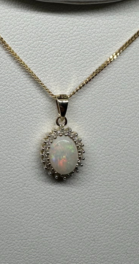 9ct Yellow Gold Natural Opal and Diamond Cluster Pendant on 18 Inch Chain (266O B)
