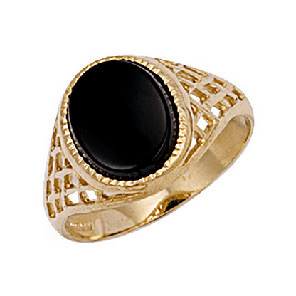 9ct Yellow Gold Black Onyx Basket Shoulders Signet Ring, Sizes N to Z (R0161)