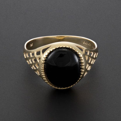 9ct Yellow Gold Black Onyx Basket Shoulders Signet Ring, Sizes N to Z (R0161)