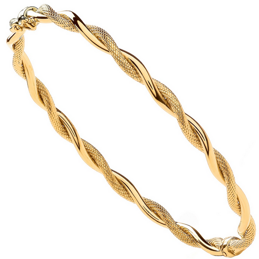9ct Yellow Gold 4mm 2 Row Twisted Plain and Patterned Hinged Bangle (0472)