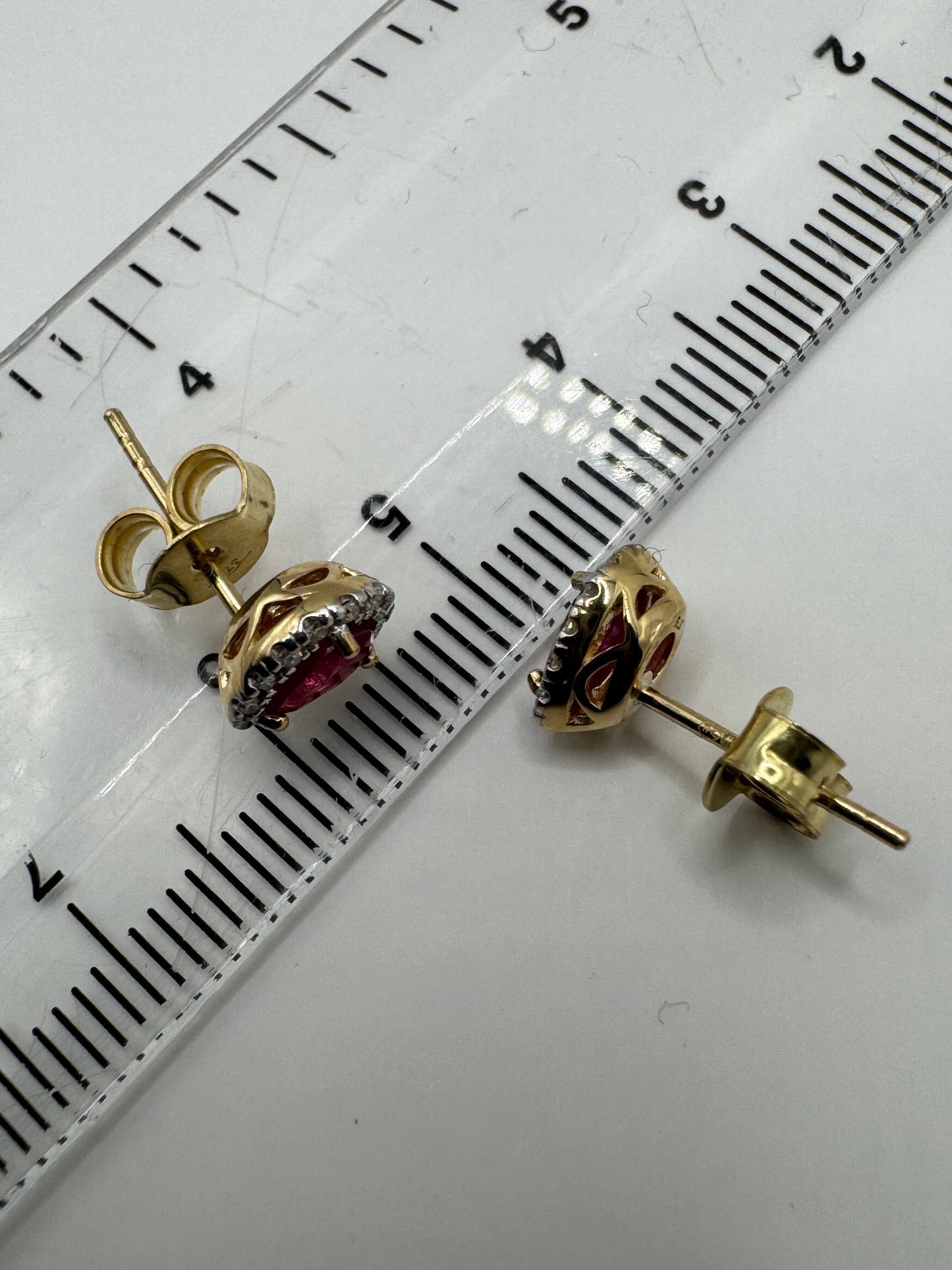 9ct Yellow Gold Natural Ruby Pearcut and Diamond Cluster Stud Earrings (265)