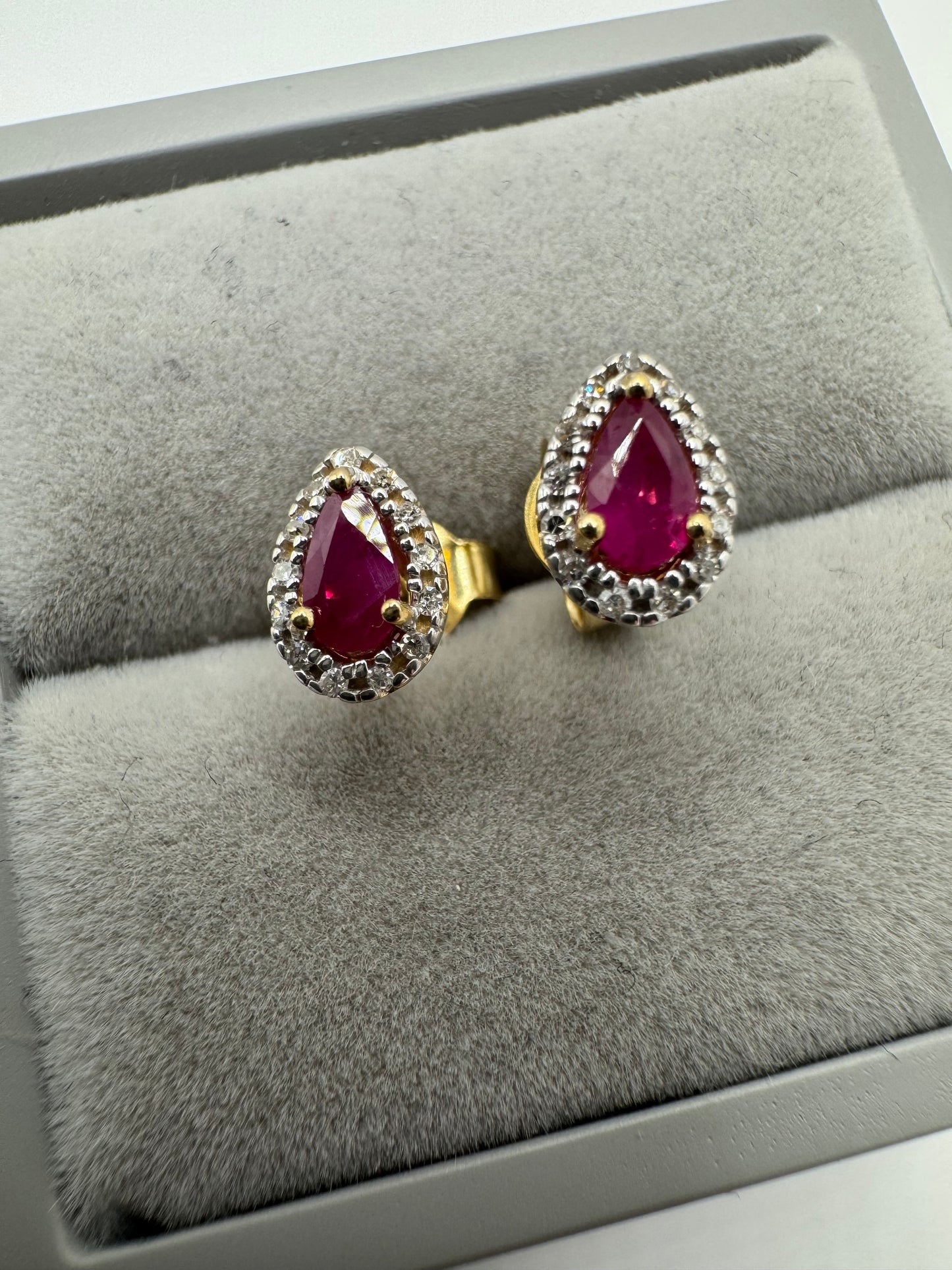 9ct Yellow Gold Natural Ruby Pearcut and Diamond Cluster Stud Earrings (265)