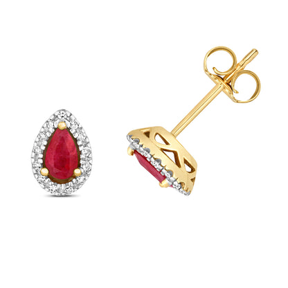 9ct Yellow Gold Natural Ruby Pearcut and Diamond Cluster Stud Earrings (265)