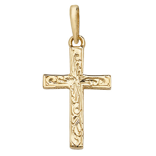 9ct Yellow Gold 32x15mm Solid Gold Engraved Cross Pendant  (1025)