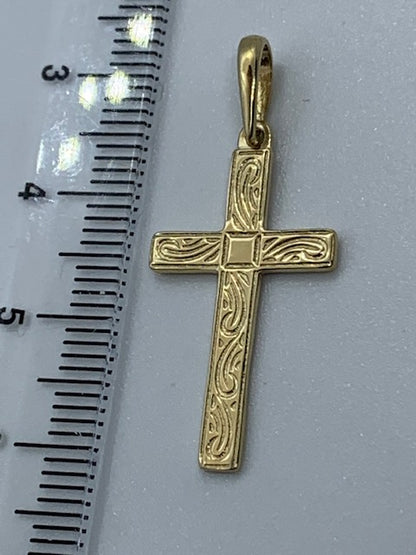 9ct Yellow Gold 32x14mm Solid Gold Engraved Cross Pendant (121E)