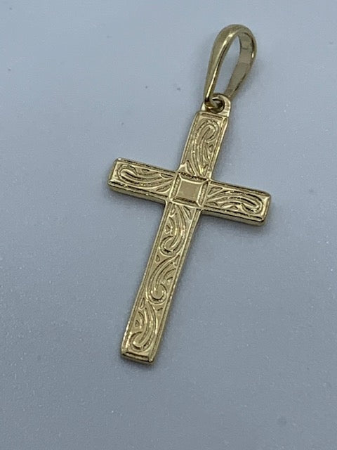 9ct Yellow Gold 32x14mm Solid Gold Engraved Cross Pendant (121E)