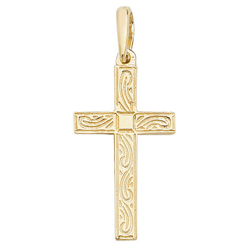 9ct Yellow Gold 32x14mm Solid Gold Engraved Cross Pendant (121E)