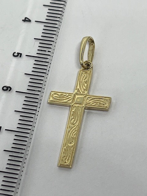 9ct Yellow Gold 32x14mm Solid Gold Engraved Cross Pendant (121E)