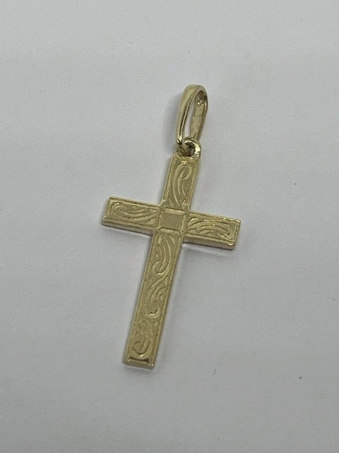 9ct Yellow Gold 32x14mm Solid Gold Engraved Cross Pendant (121E)