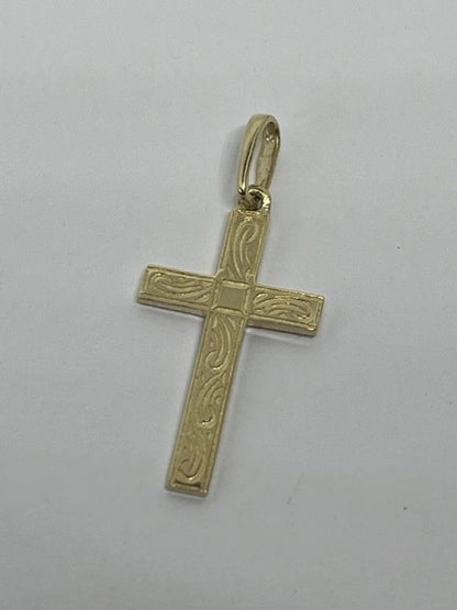 9ct Yellow Gold 32x14mm Solid Gold Engraved Cross Pendant (121E)