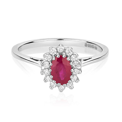 9ct White Gold Ruby and Diamond Cluster Oval Ring, Sizes J to Q (260WR)