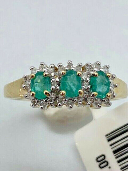 9ct Yellow Gold Real Emerald and Diamond Cluster Ring, Sizes J to Q (263E)