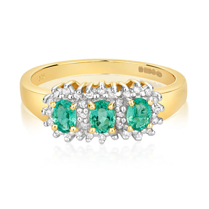 9ct Yellow Gold Real Emerald and Diamond Cluster Ring, Sizes J to Q (263E)