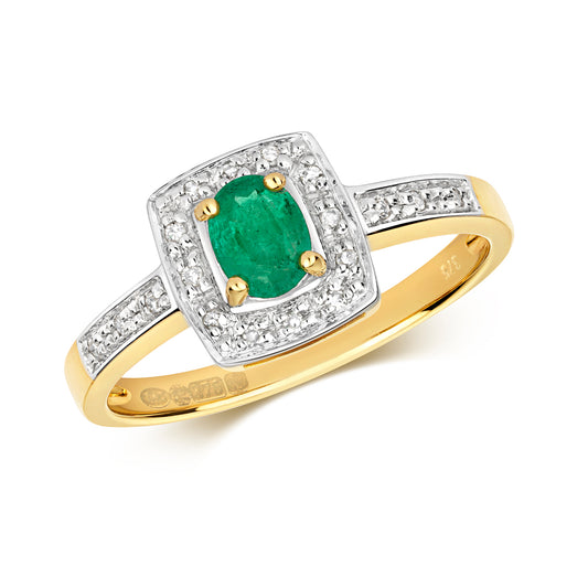 9ct Yellow Gold Emerald and Diamond Cluster Style Ring, Sizes J to Q (29E)