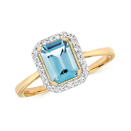 9ct Yellow Gold Swiss Blue Topaz and Diamond Cluster Ring, Sizes J to Q (446)