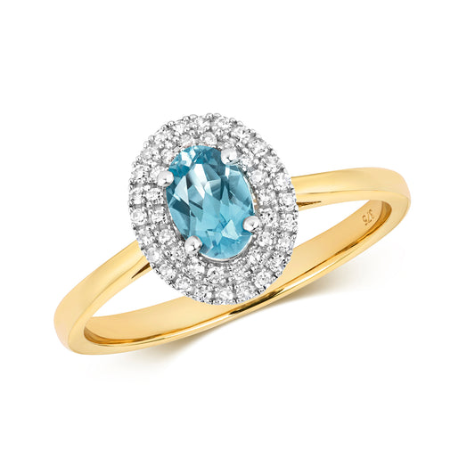 9ct Yellow Gold Blue Topaz and Diamond Cluster Ring, Sizes J to Q (448)
