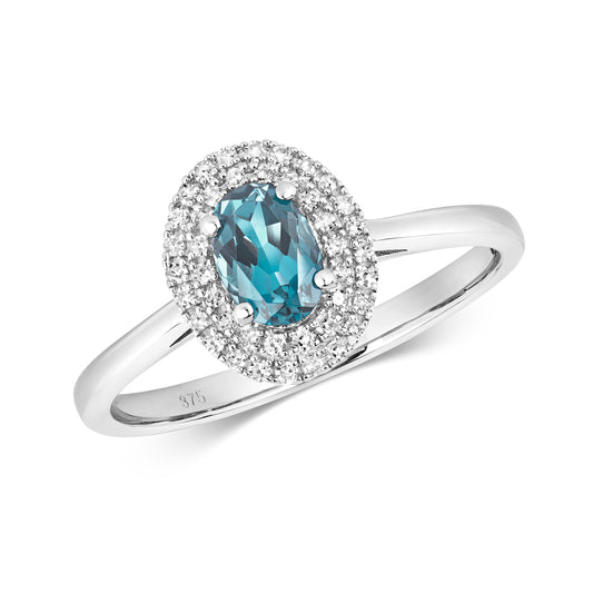 9ct White Gold Blue Topaz and Diamond Cluster Ring, Sizes J to Q (448)