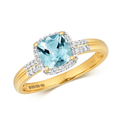 9ct Yellow Gold Real Diamond and Blue Topaz Cluster Ring, Sizes J to Q (450)