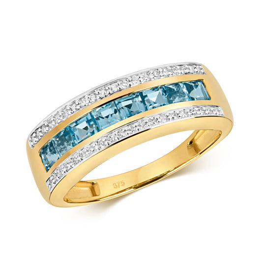 9ct Yellow Gold Princess Blue Topaz and Diamond Ring, Sizes J to Q (454)