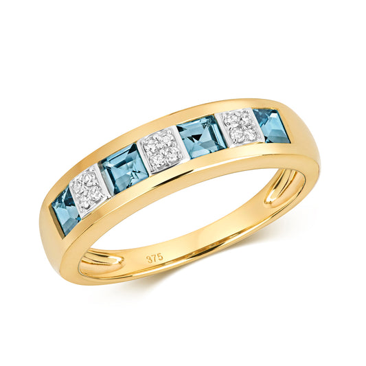 9ct Yellow Gold Blue Topaz and Diamond Band Style Ring, Sizes J to Q (458)