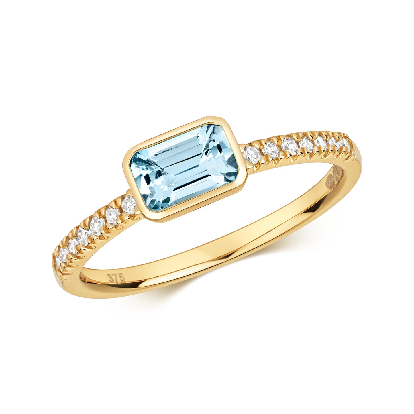 9ct Yellow Gold Aquamarine and Diamond Ring, Ring Sizes J to Q (489)