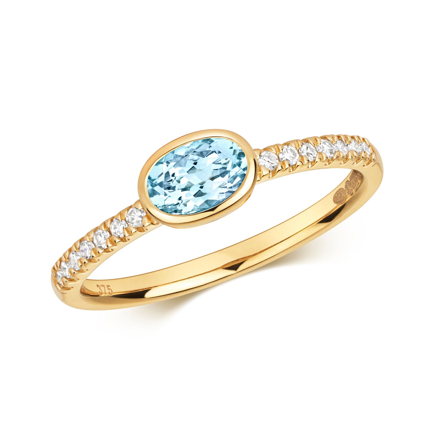 9ct Yellow Gold Aquamarine and Diamond Ring, Ring Sizes J to Q (490)