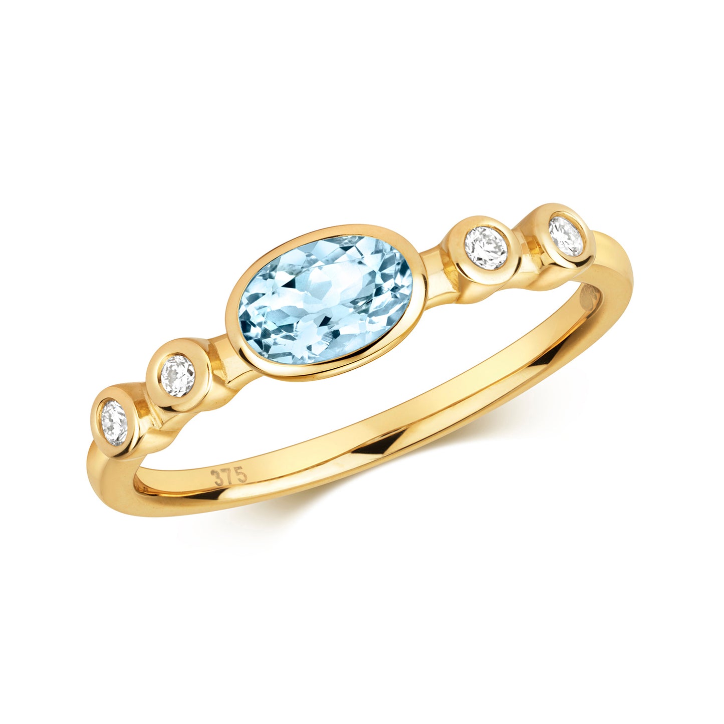 9ct Yellow Gold Aquamarine and Diamond Ring, Ring Sizes J to Q (495)